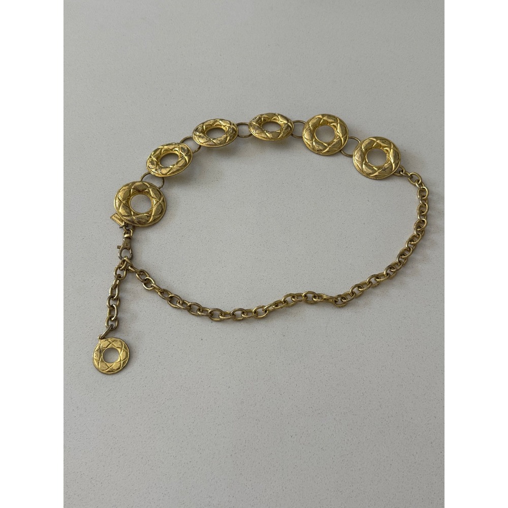 Vintage Gold Tone Quilted Ring Chain Belt Adjustable Statement Accessory Korea